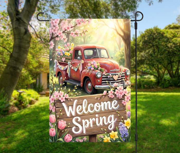 Welcome Spring Vintage Red Truck-12 × 18 Garden Flag (Single-Sided)