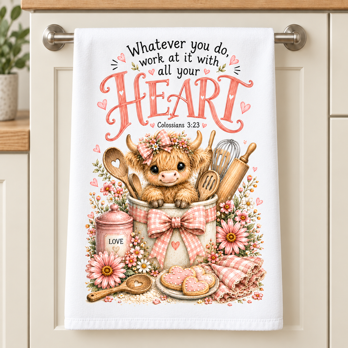 16 x 24 Christian kitchen towel with Highland cow and Colossians 3:23