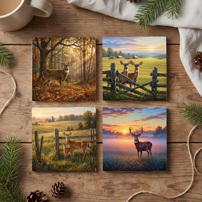 Whitetail Deer Countryside – Fine Art Ceramic Coasters (Set of 4)