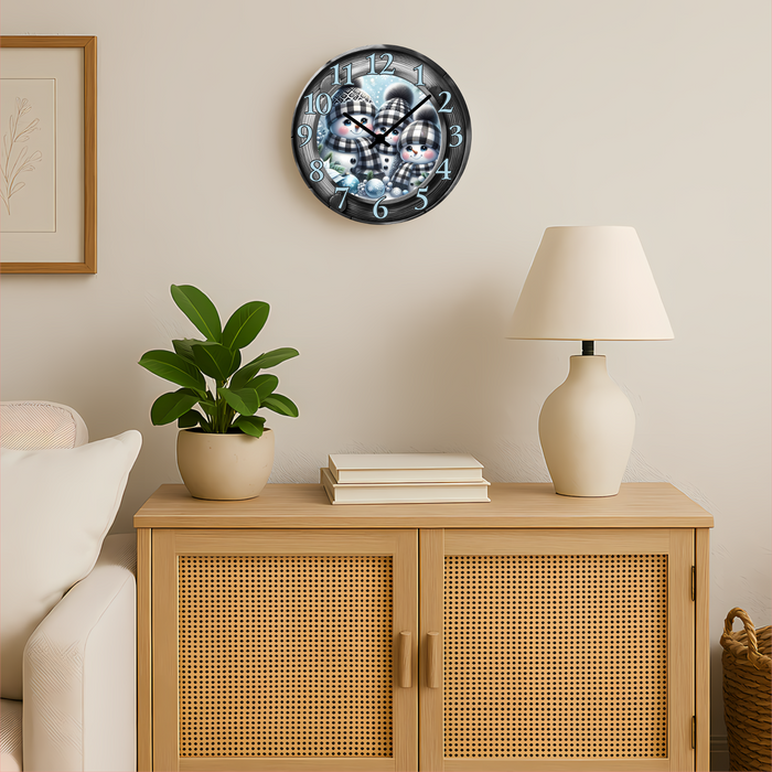 Winter Snowman Wall Clock – 12″ Glass, Silent Sweep