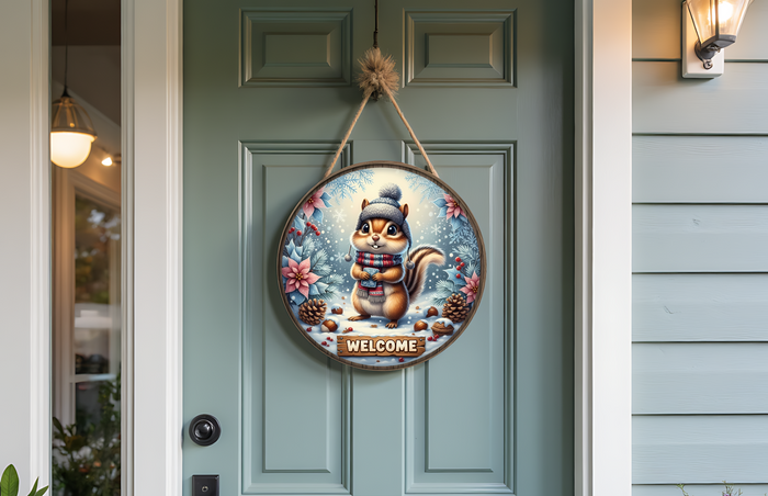 Winter Squirrel Welcome Door Round – Whimsical Winter Door Decor