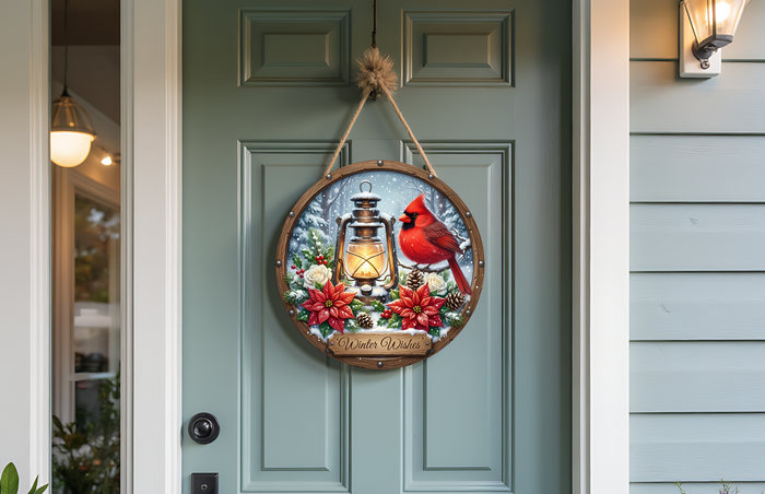 Winter Wishes Cardinal Door Round – Rustic Winter Front Door Decor